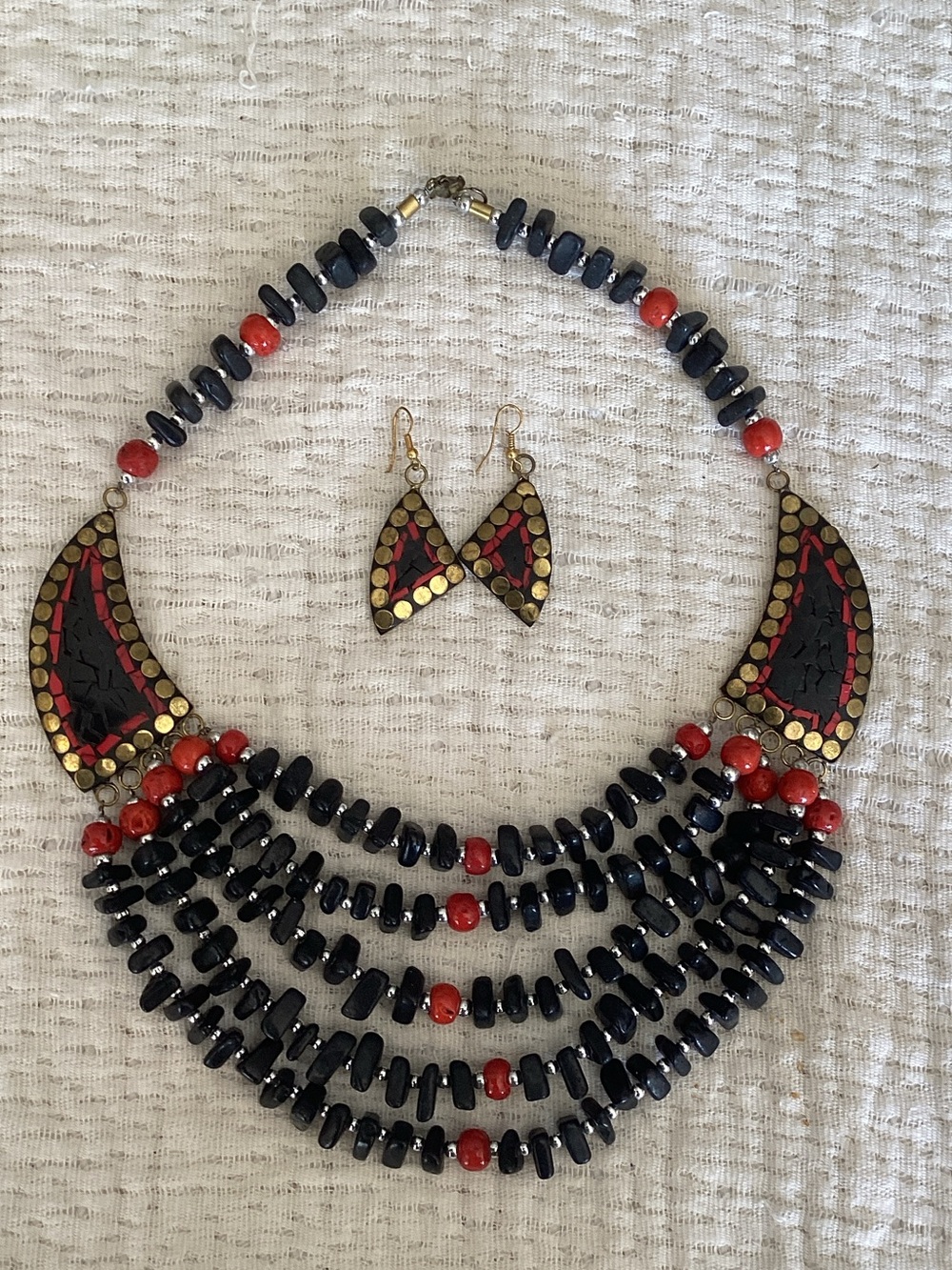 Handcrafted Black and Red Statement Necklace with Matching Earrings